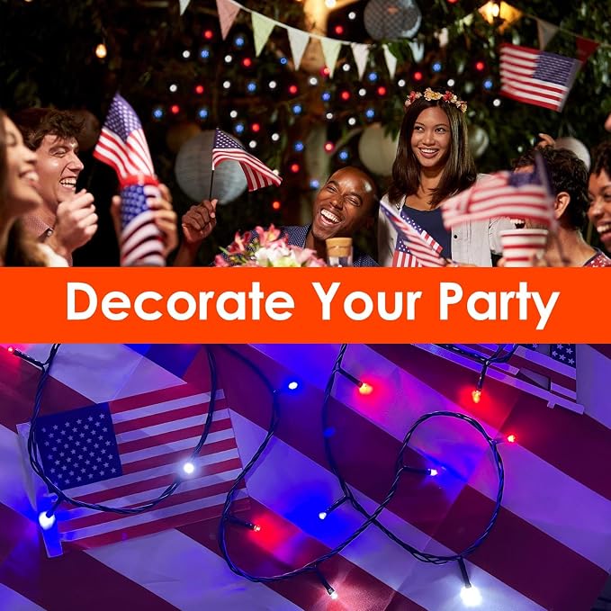 200 LED Red White and Blue Christmas String Lights Outdoor Indoor, 75.8 FT 4th - Image 4