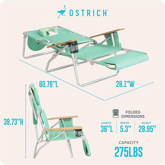 Ostrich Deluxe 3N1 Padded Beach Chair w/ Face Cushion & Arm Holes, Teal - Image 3