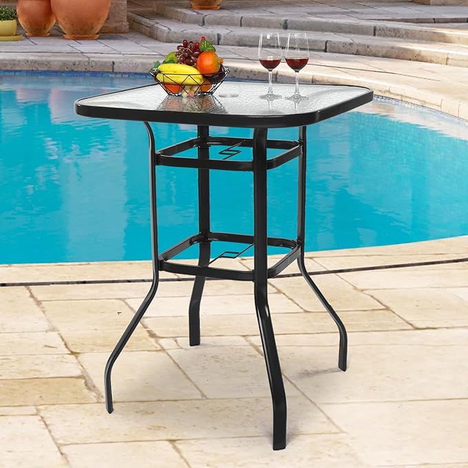 VINGLI Outdoor Bar Table with Umbrella Hole, Modern Black Metal Patio Bar Table - Image 7