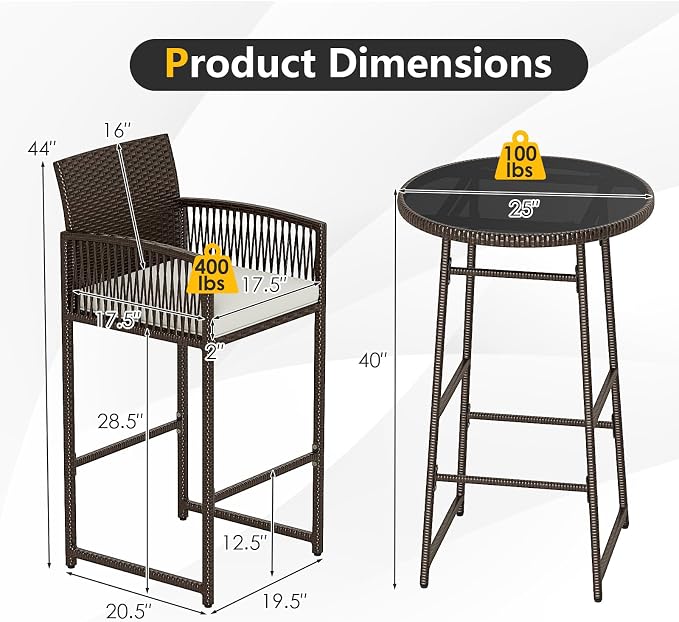 Tangkula 3 Piece Patio Bar Set, Outdoor Wicker Bar Height Glass Top Table & 2 - Image 9