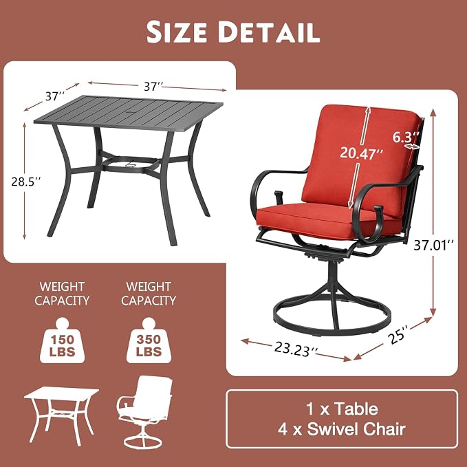 MELLCOM 5 Pcs Outdoor Dining Set, 4 Swivel Rocker Chairs - Image 3