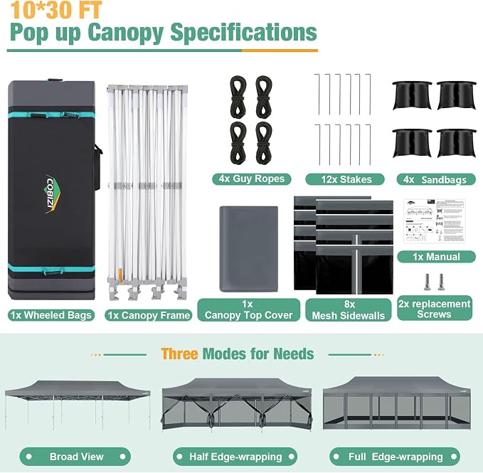 COBIZI 10x30 Canopy Tent, Heavy Duty Pop up Canopy - Image 5