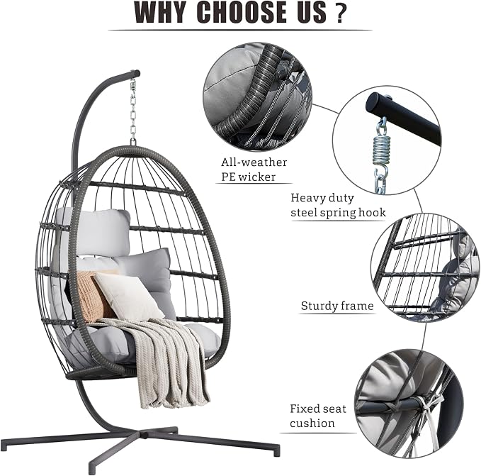 HWB Hanging Egg Chair with Stand, Swing Hammock Chair with Cushion - Image 5
