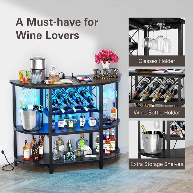 Zarler Bar Cart with Power Outlet Easy to Assemble, LED Home Bar Cabinet - Image 6