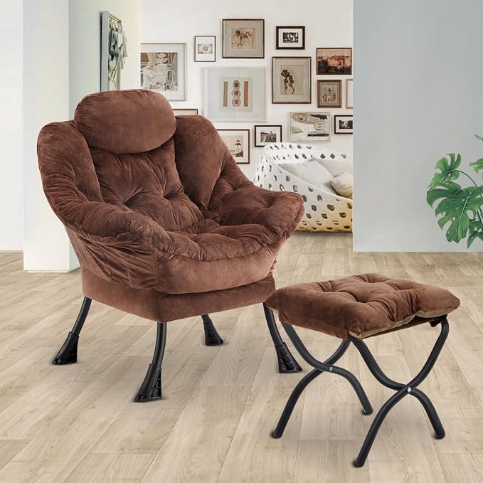 Lazy Chair with Folding Ottoman, Leisure Sofa Chair, Soft Fabric Armchair with - Image 2