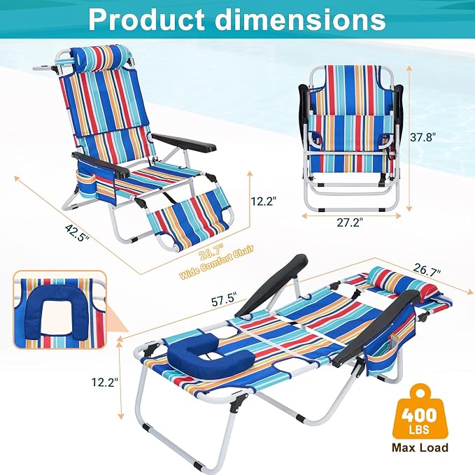 MOPHOTO Oversized Beach Lounge Chair, 5-Position Adjustable Tanning Chair - Image 3
