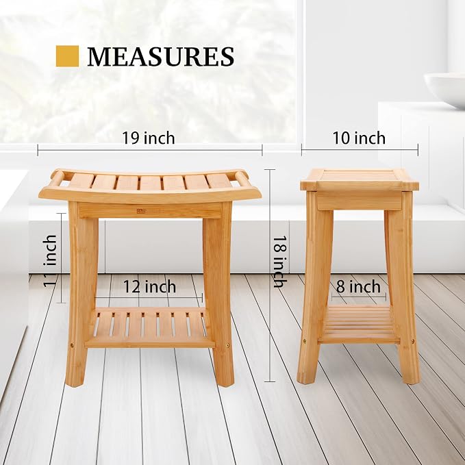 Bamboo Shower Bench with Storage Shelf, Wooden Spa Bath Deluxe Organizer Shower - Image 3