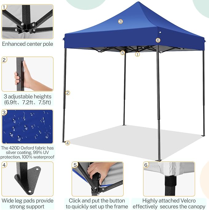 COBIZI 6.6x6.6 Pop up Canopy Tent Heavy Duty Without Sidewalls, Easy Set-up - Image 3