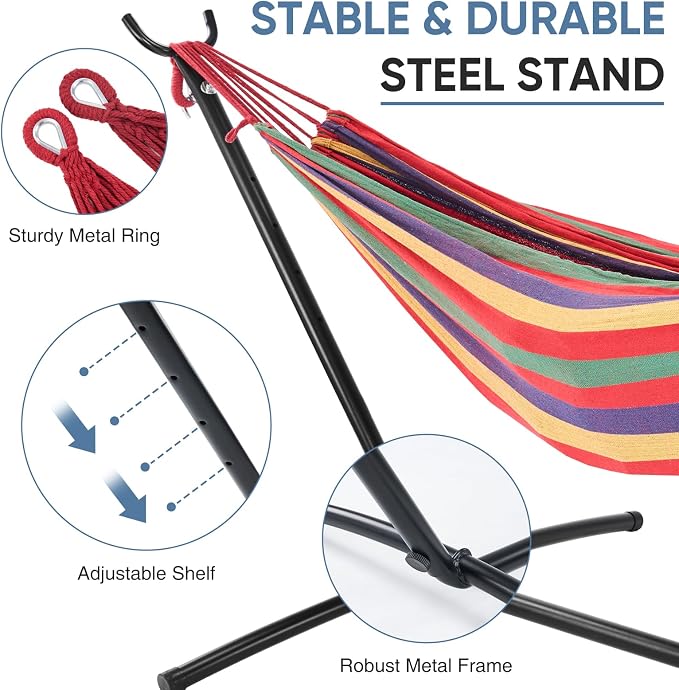 DUMOS Double Hammock with Space Saving Stand, Heavy Duty Steel Frame, Portable - Image 2