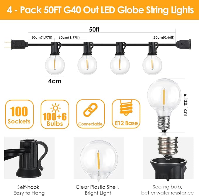 Mlambert 200Ft Outdoor String Lights, G40 Globe Patio Lights Connectable - Image 2