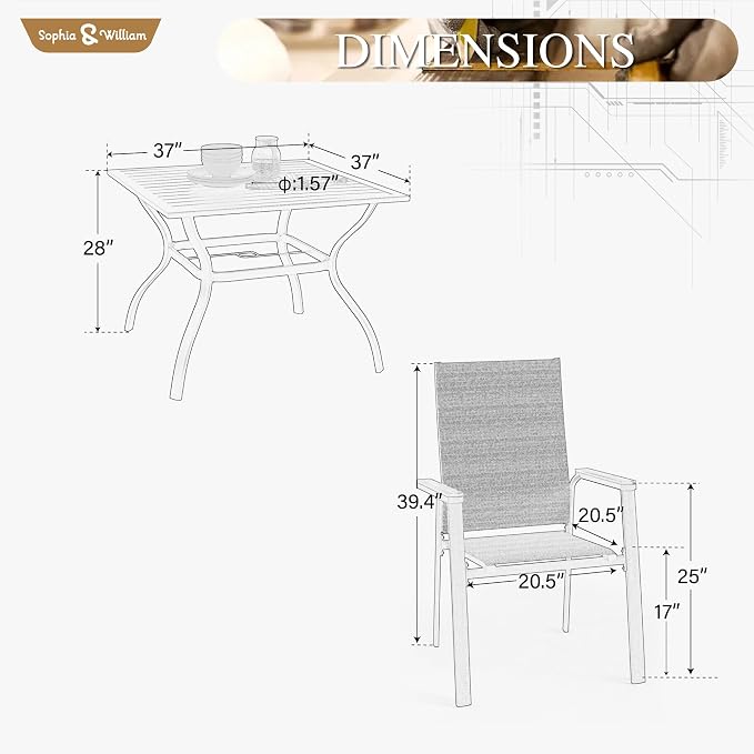 Sophia & William Patio Dining Set 5 Pieces, 4 Stackable Aluminum Textilene - Image 7