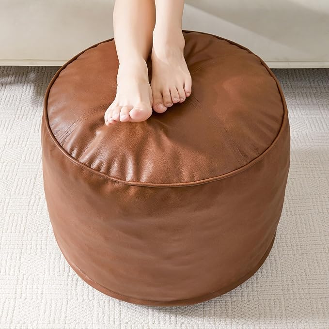 HIGOGOGO Round Stuffed Pouf Ottoman, Pu Leather Poufs by HIGOGOGO