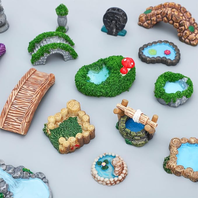 ONEST 17 Pieces Garden Miniature Accessories Mini Bridge Lighthouse Well Pond - Image 3
