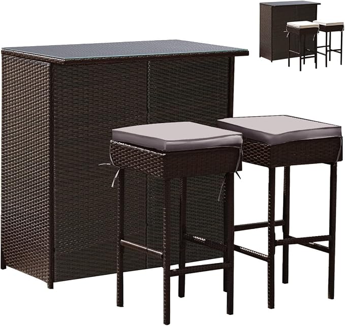 Tangkula Patio Bar Set, 3 Piece Outdoor Rattan Wicker Bar Set by TANGKULA