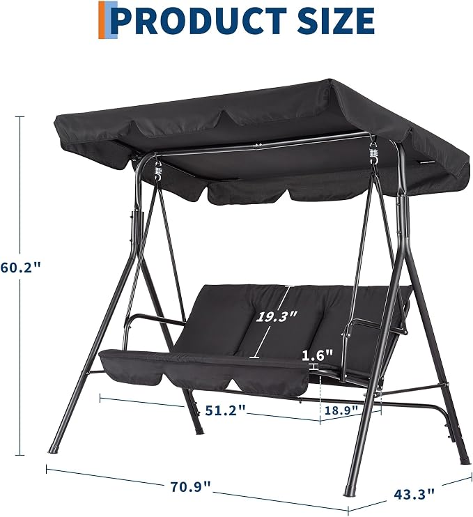 Porch Swing Chair with Adjustable Canopy - Image 7