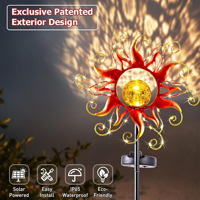 Solar Lights Outdoor Waterproof Red Sun Metal Crackle Glass Stake Decorative - Image 2