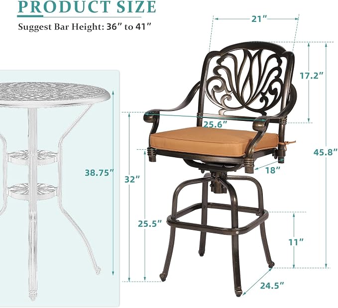 MEETWARM 2 Piece Outdoor Patio Swivel Bar Stools, All-Weather Cast Aluminum Bar - Image 3