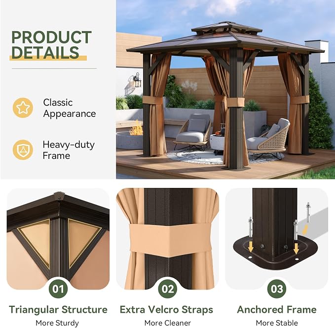Aoxun 8'x8' Hardtop Gazebo, Aluminum Frame Permanent Pavilion - Image 6
