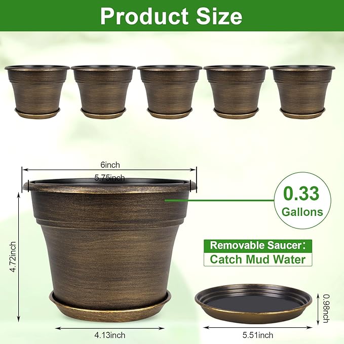 Plant Planters Pots Set of 6 Pack 6 Inch, Plastic Flower Pot - Image 3