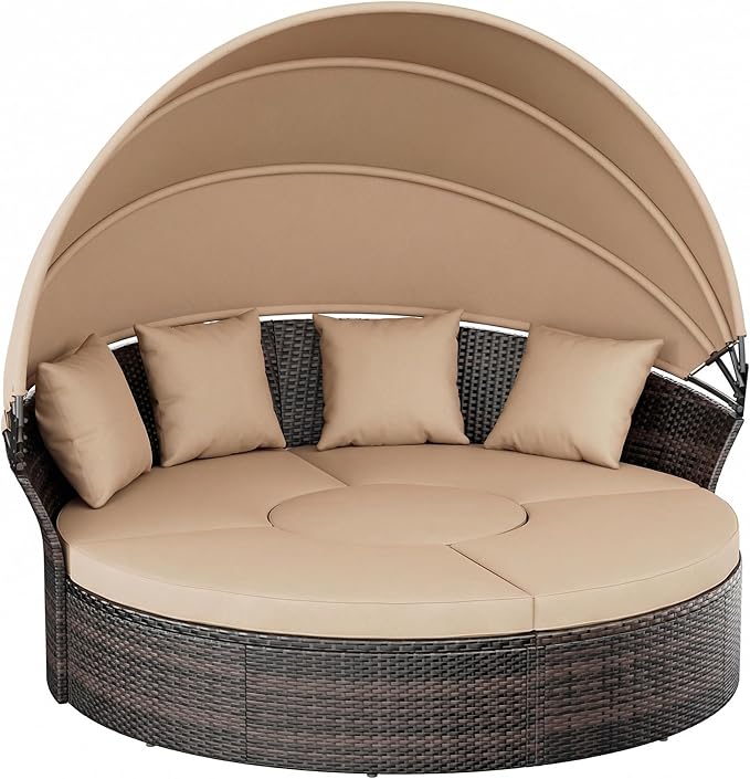 Outdoor Patio Daybed with Retractable Canopy, Wicker Rattan Sectional Round by Unknown