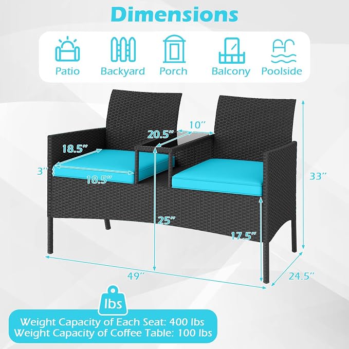 Tangkula Patio Loveseat with Built-in Table, Wicker 2-Seat Furniture with Soft - Image 9