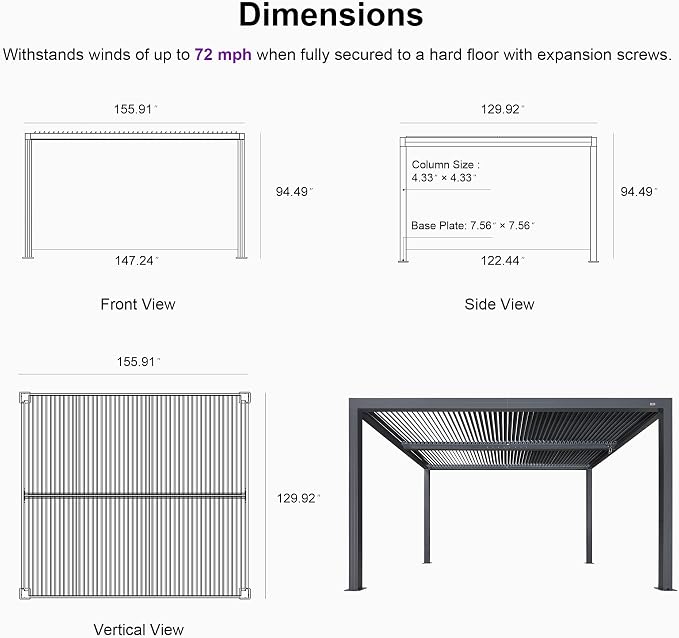 PURPLE LEAF LED Louvered Pergola 94AS 11'x 13' Full Aluminum Frame and - Image 7