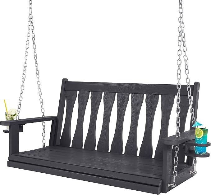 HIPS All-Weather Outdoor Hanging Porch Swing, 2 Seat Hanging Swing Bench by CONGFUTT