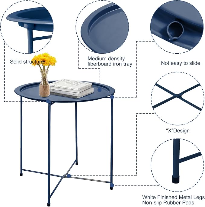 Garden 4 you End Table Metal Side Table Blue Round Folding Tray Cyan Sofa Small - Image 5