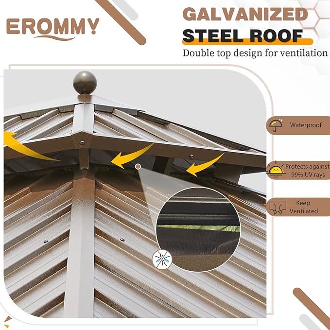 EROMMY 12' x 20' Gazebo Hardtop Double Roof Galvanized Steel Canopy - Image 4