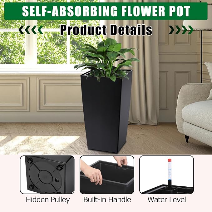 30 Inch Tall Self Watering Planters Set of 2, Outdoor Plant Pots - Image 6