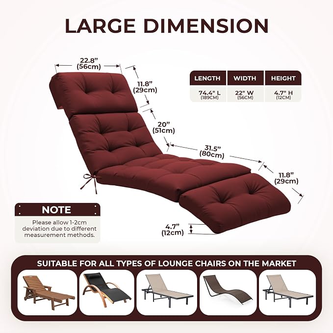Outdoor Chaise Lounge Chair Cushion 74.4 x 22 x 4.7 Inches Non-Slip Lounge - Image 2