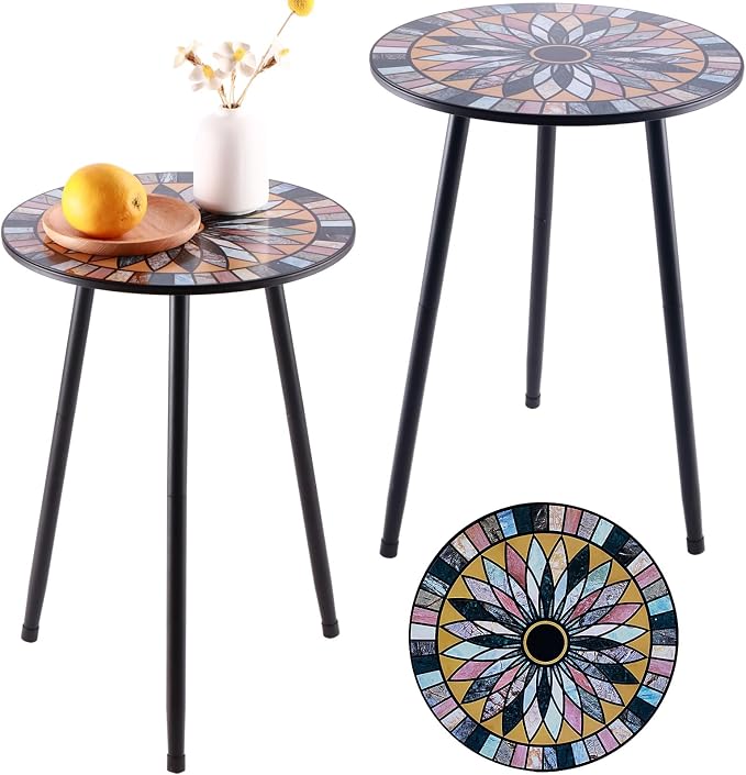 Party Zealot Metal Mosaic Round Side Tables Set of Two 13.4" Small Outdoor by PartyZealot