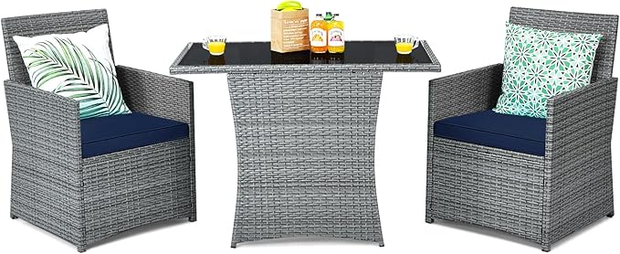 Tangkula 3 Pieces Patio Dining Set, Patiojoy Space-Saving PE Rattan Bistro Set by TANGKULA