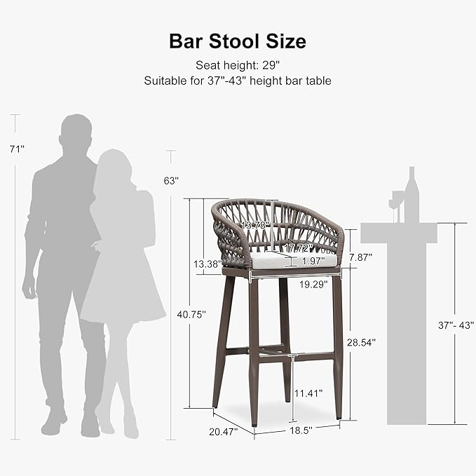 PURPLE LEAF Outdoor Rattan 29" Bar Stools Set of 2, Modern Boho Aluminum Patio - Image 3