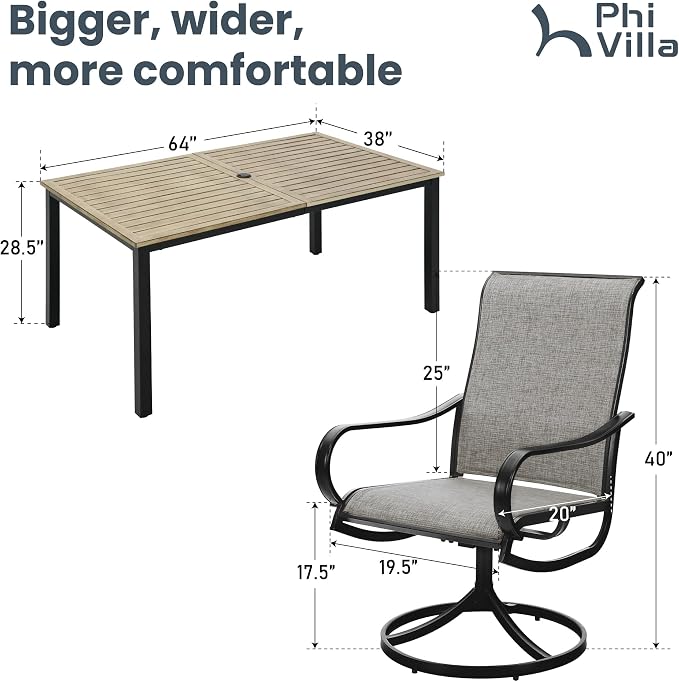 PHI VILLA Patio Dining Table and Chairs, 6 Swivel Dining Chairs - Image 7