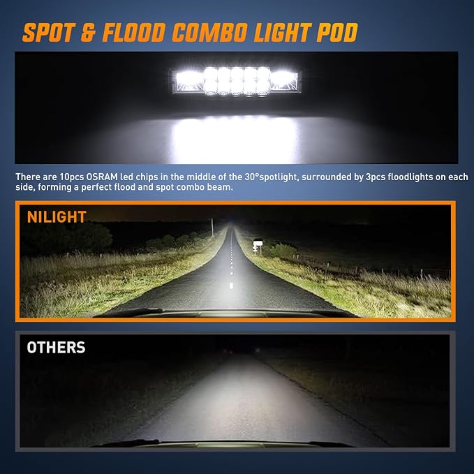 Nilight LED Pods 2PCS 6 Inch 60W Flood Spot Beam Combo Light Bar Driving Fog - Image 4