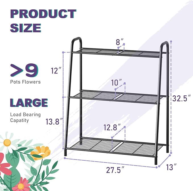 3-Tier Corner Plant Stand, Metal Black Flower Pot Rack, Indoor Outdoor Heavy - Image 2