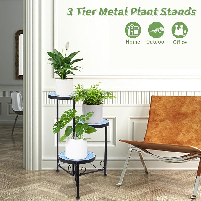 Plant Stand Indoor 3 Tie Mosaic Metal Corner Shelf Outdoor Plant Pot Holder - Image 4