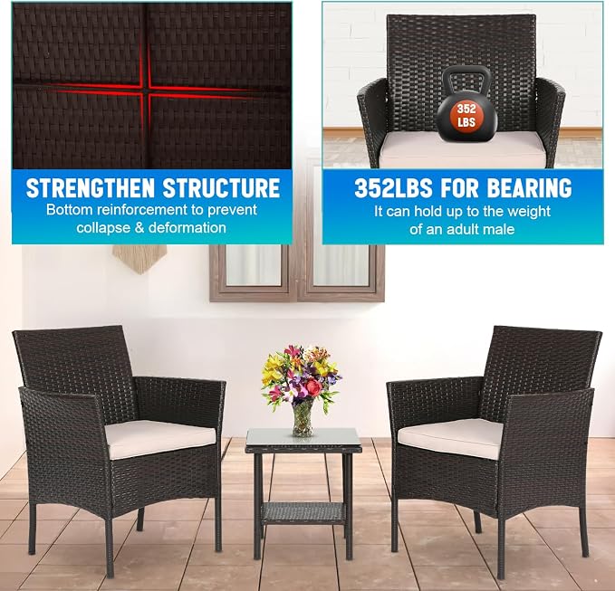 FDW Patio Bistro Conversation Set Wicker Furniture 2 Rattan Chairs Cushions and - Image 6