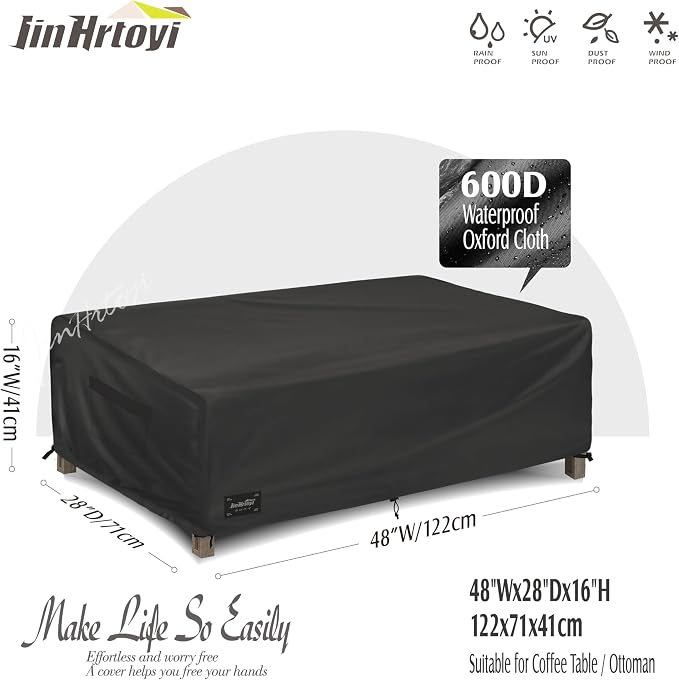 JinHrtoyi Patio Coffee Table Cover, 48Wx28Dx16H Inches 100% Waterproof Heavy - Image 2
