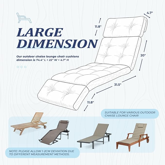 Outdoor Chaise Lounge Cushion Waterproof, 74.4x22x4.7 Inch Oxford Fabric - Image 2
