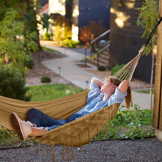 MOSFiATA Backyard Hammock with Tassels Max 500lbs Canvas Fabric Bohemian Style - Image 7
