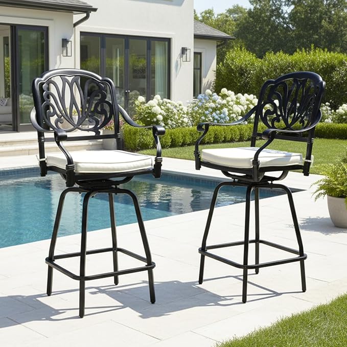 VINGLI Outdoor Swivel Bar Stools Set of 2, Cast Aluminum Patio Bar Height Chairs - Image 2