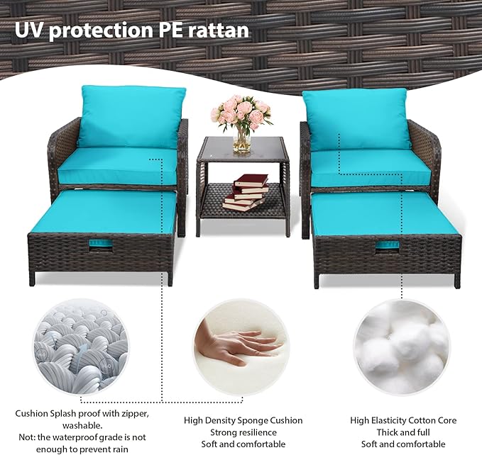 LEVELEVE Balcony Furniture 5 Piece Patio Conversation Set, PE Wicker Rattan - Image 6