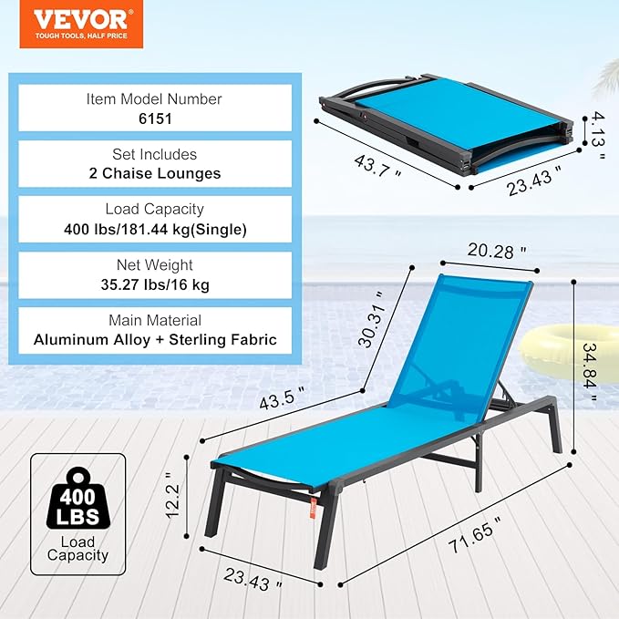 VEVOR 2 Pcs Chaise Lounge Chairs Outdoor, Aluminum Patio Lounge Chair - Image 3