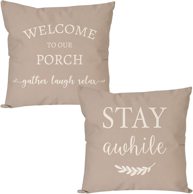 PANDICORN Welcome to Our Porch Stay Awhile Farmhouse Decorative Throw Pillow by PANDICORN
