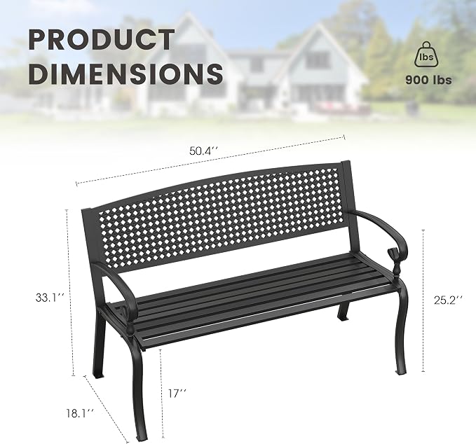 Outdoor Bench, 50.4" Patio Metal Frame Garden Bench - Image 2