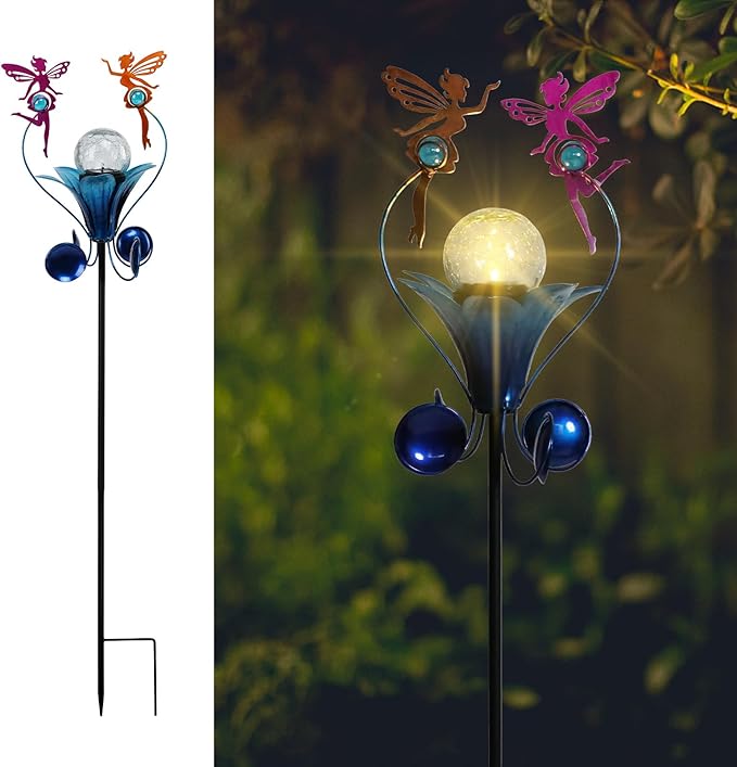 VCUTEKA Solar Lights Outdoor Metal Garden Stake Waterproof Crackle Glass Globe by VCUTEKA