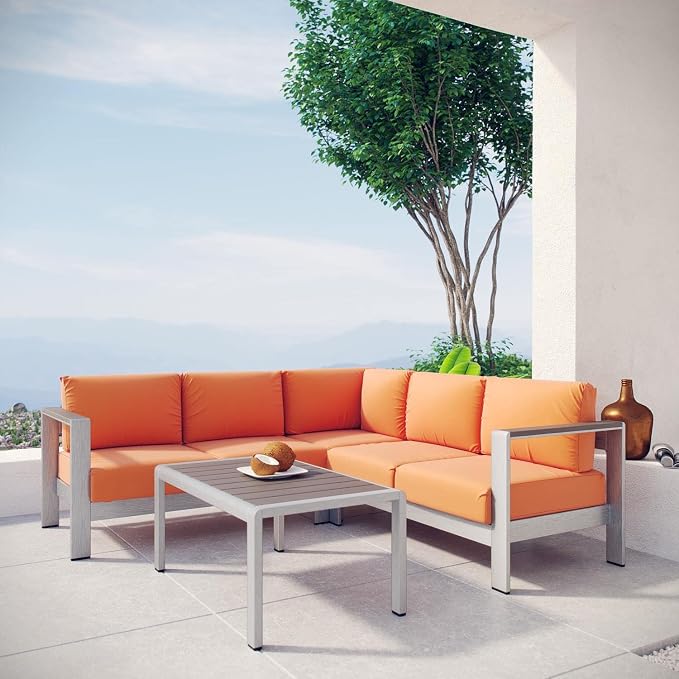 Modway Shore 4-Piece Aluminum Outdoor Patio Sectional Sofa Set in Silver Orange - Image 4