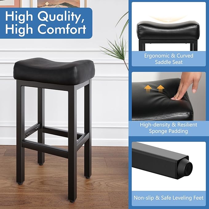 29 Inch Bar Height Bar Stools Set of 2, Backless Bonded Leather Bar Height - Image 3